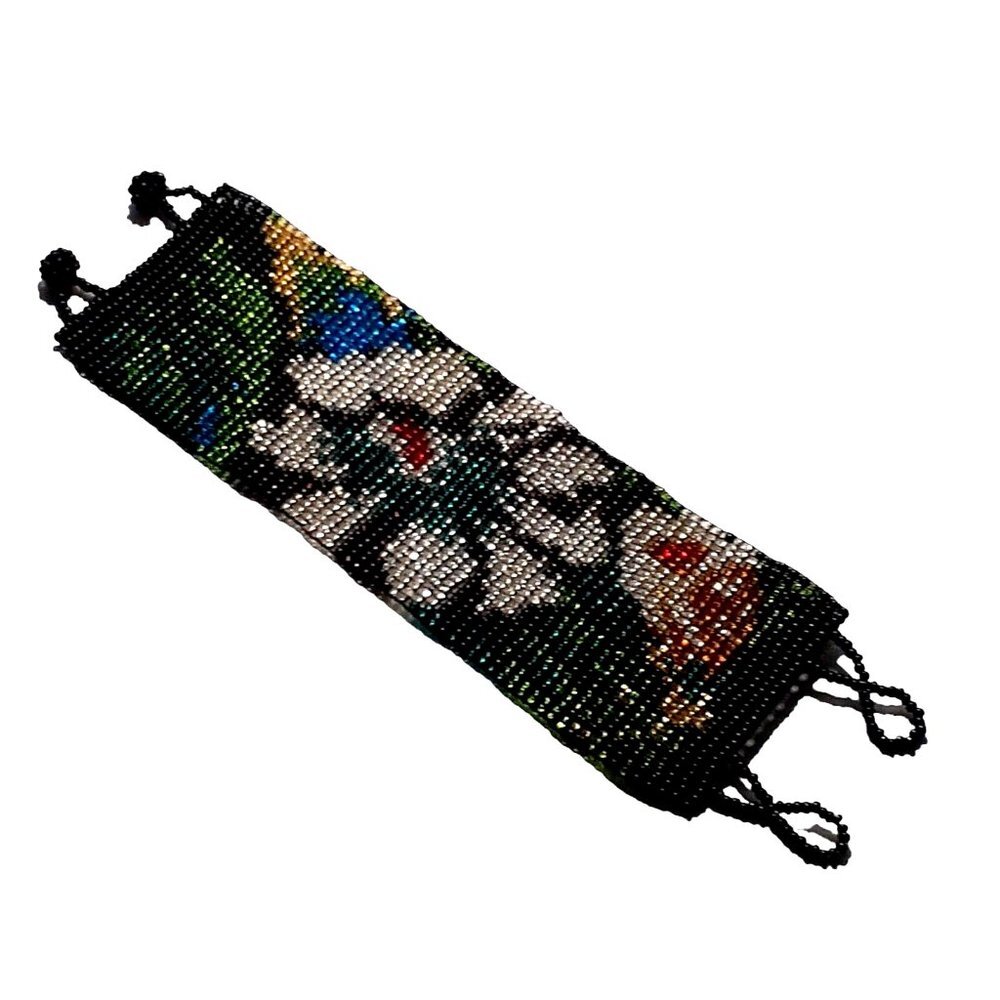 Artisan Boho Bracelet Full Hand Beaded Floral Cuff with Beaded Closure